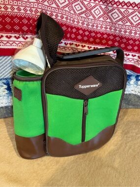 Vintage Tupperware Green & Brown Insulated Lunch Bag with water bottle New